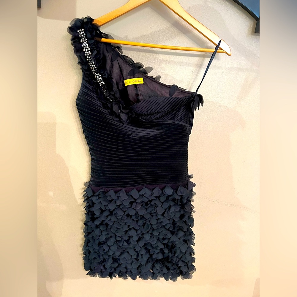 Black evening dress with beaded shoulder.